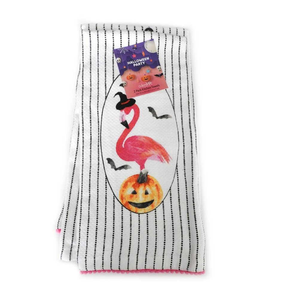NWT Colordrift Halloween Flamingo Pumpkin Cotton Kitchen Towels Pack 2 Stripes